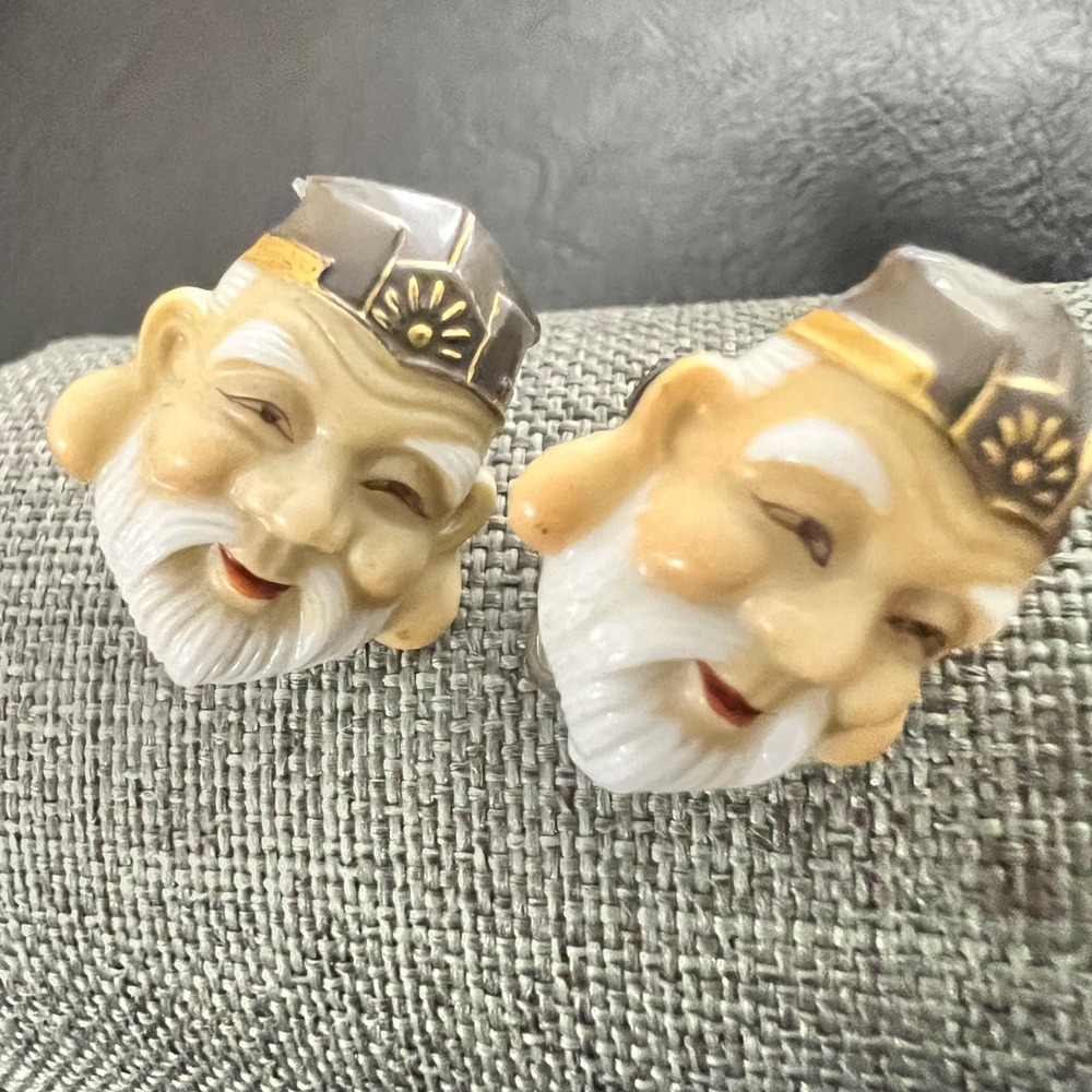 Vintage Toshikane Style Porcelain Jurojin Wise‎ Man Face Screw Back Earrings